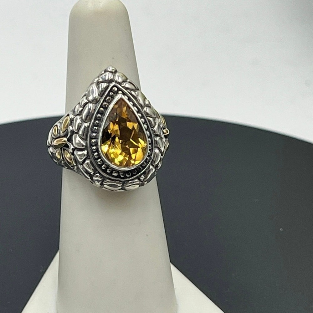 Citrine Ring Pear Shaped Lg Chunky Sterling Silver 18k Accent Filigree Ring 6.5